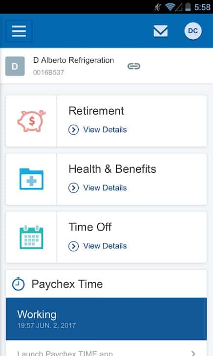 Showing Paychex payroll benefits and time off.