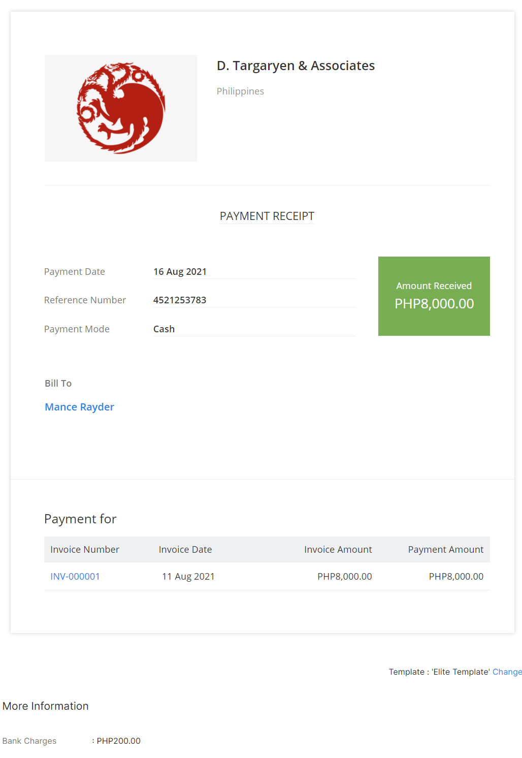 Screenshot of Zoho Invoice Payment Receipt Generated