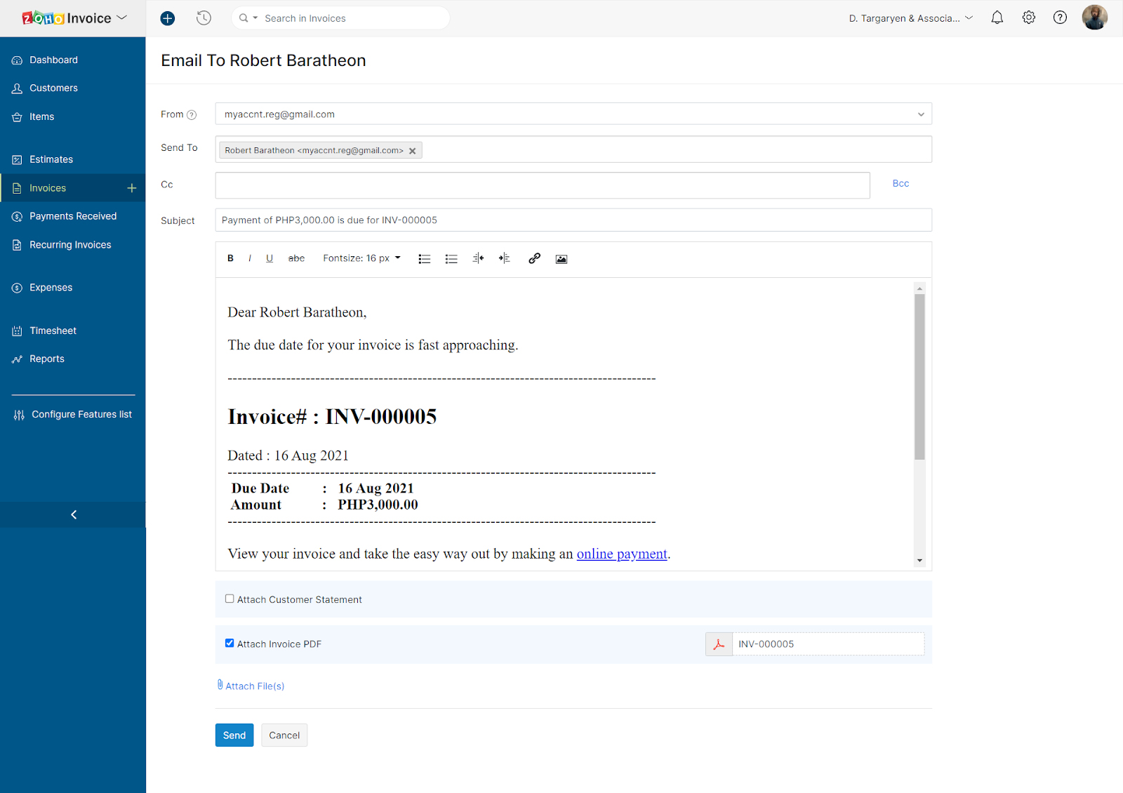 Zoho Invoice sending payment reminders.