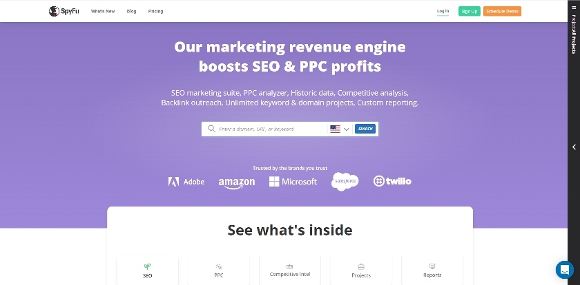 Marketing agency SpyFu's landing page from their website