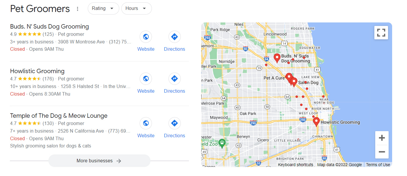 谷歌商业列表顶部的搜索结果和地图样本。