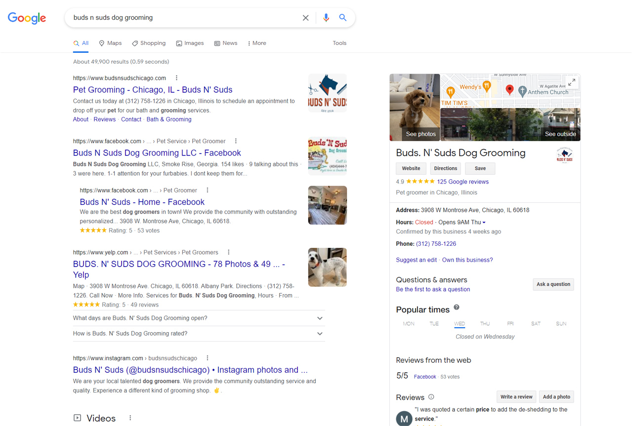 谷歌商业档案和搜索结果示例。