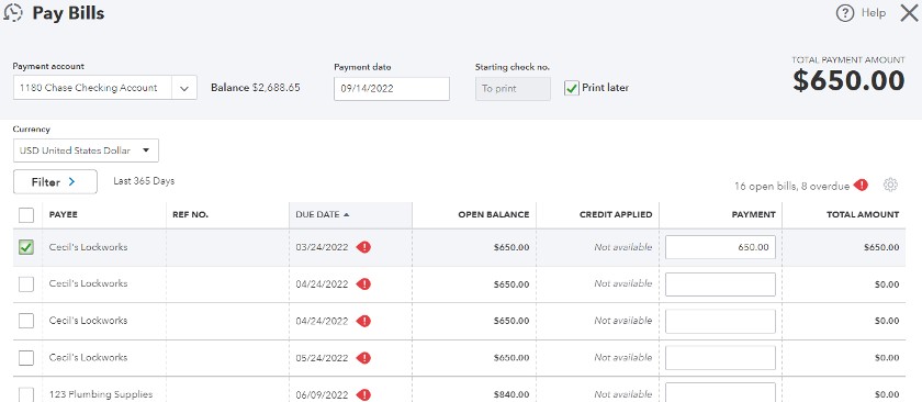 支付账单屏幕在QuickBooks在线必需品。