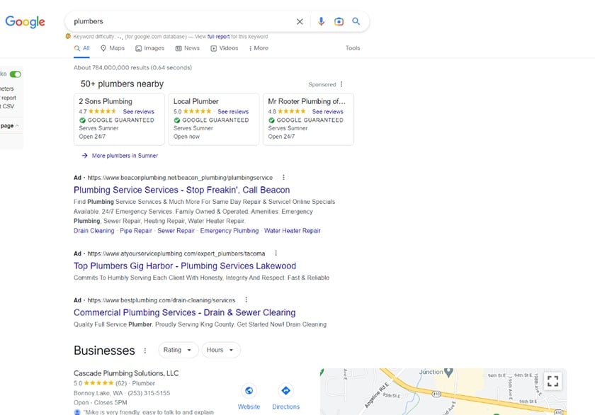 Google local search ads on Google search results page for 