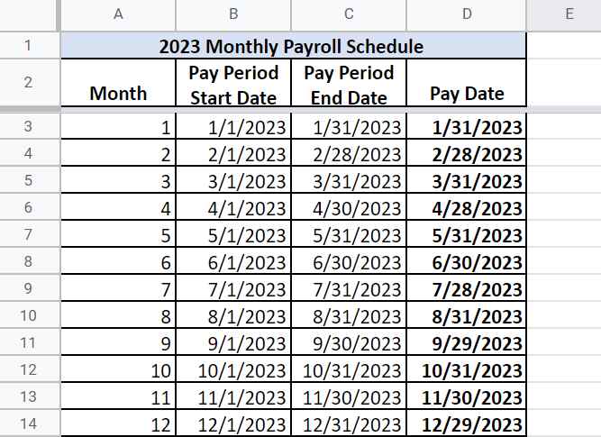 2023 Monthly pay period chart.
