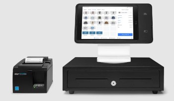 Square stand POS terminal with built in tap, dip , and swipe card readers, cash drawer, and receipt printer.