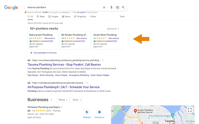 Screenshoot of Google search results with Local Services Ads