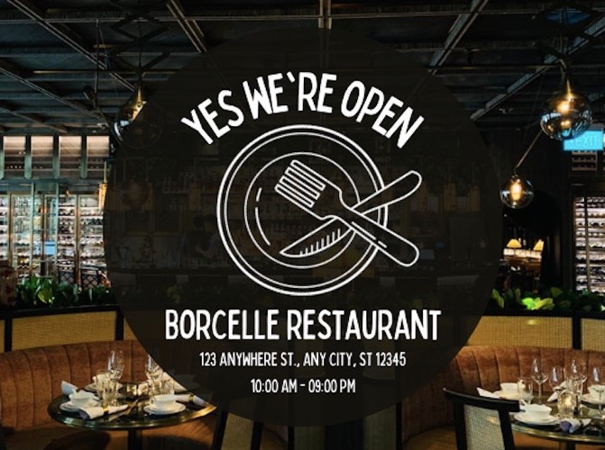 An example of a simple postcard design advertising a restaurant's opening, with its address and contact details, and a photograph of the restaurant's interior in the background.