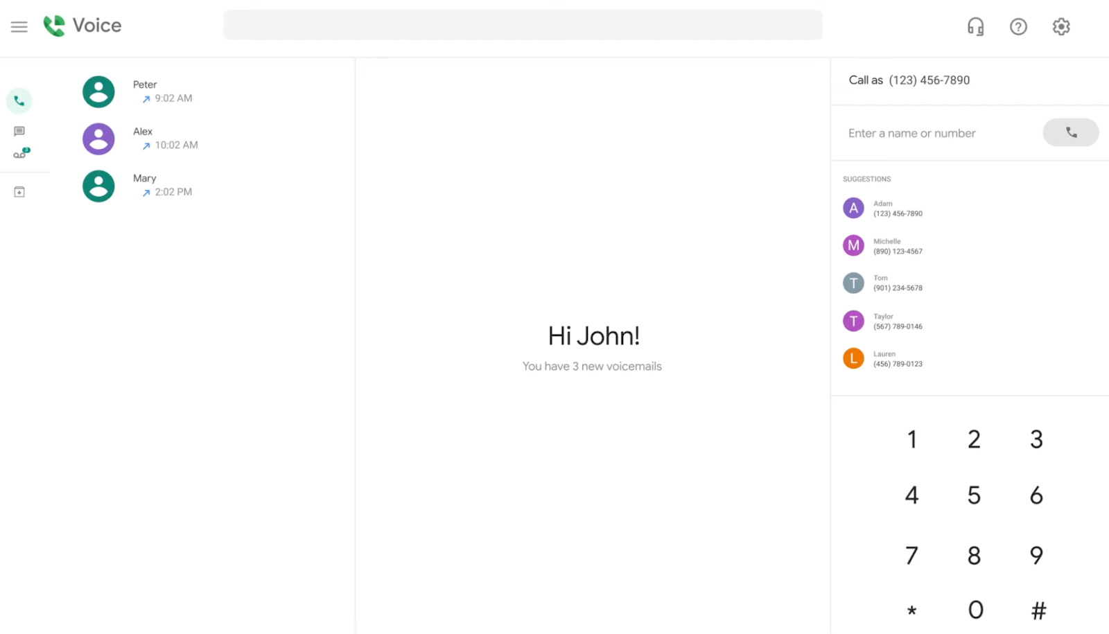 A website view of what users will see upon opening Google Voice.