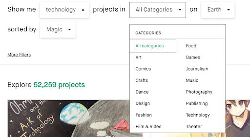 Kickstarter website search filters and categories