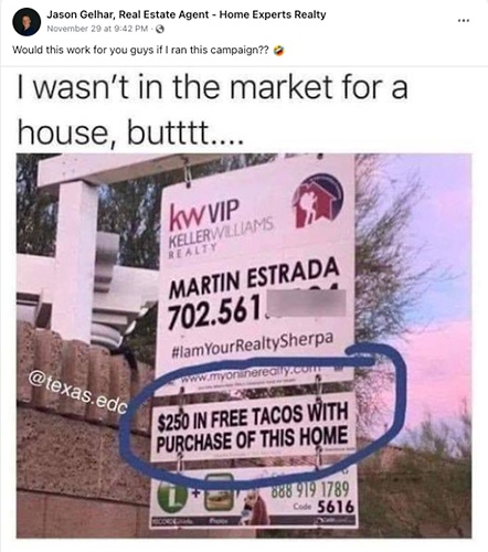 Real estate meme with property listing sign that says 