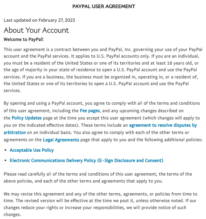 PayPal User Agreement.