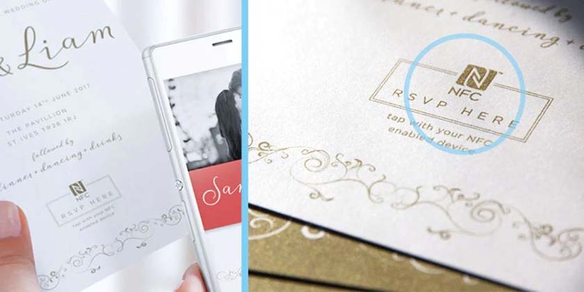 A wedding invitation with an NFC chip embedded in it that reads 