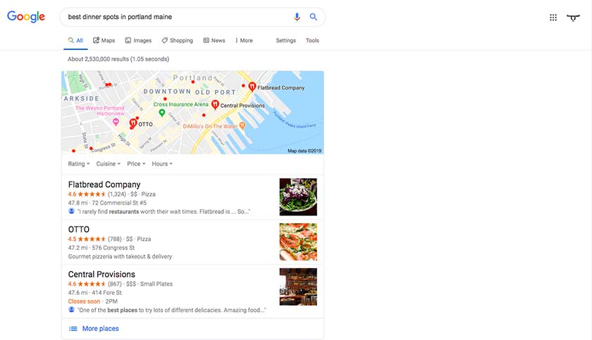 Search results for dinner spots in Portland Maine.