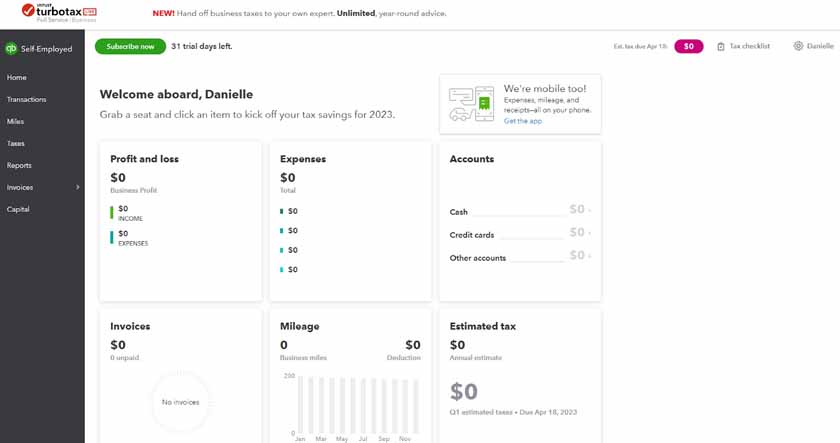 Image of the dashboard for QuickBooks Self-Employed.