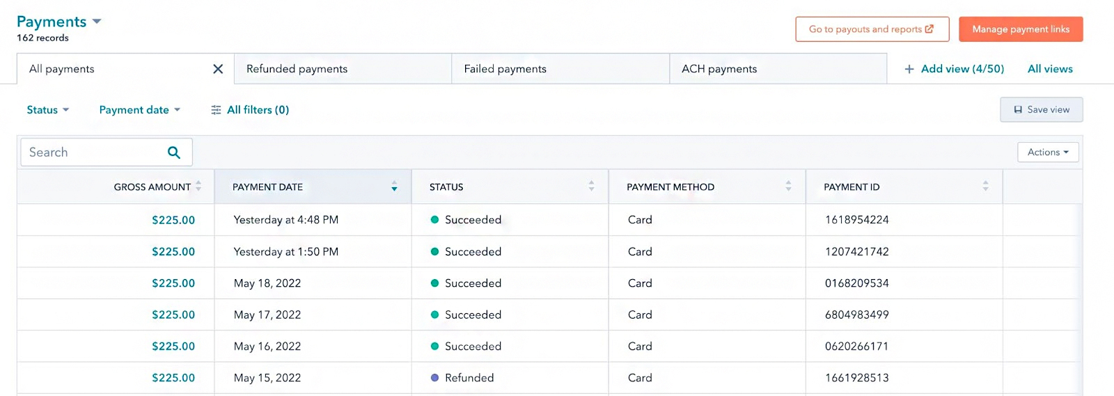 Tracking payment transactions in HubSpot CRM.
