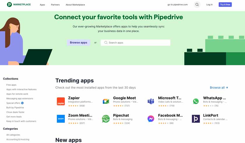 Browsing the Pipedrive integration marketplace page.
