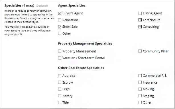 Specialties page with check boxes.