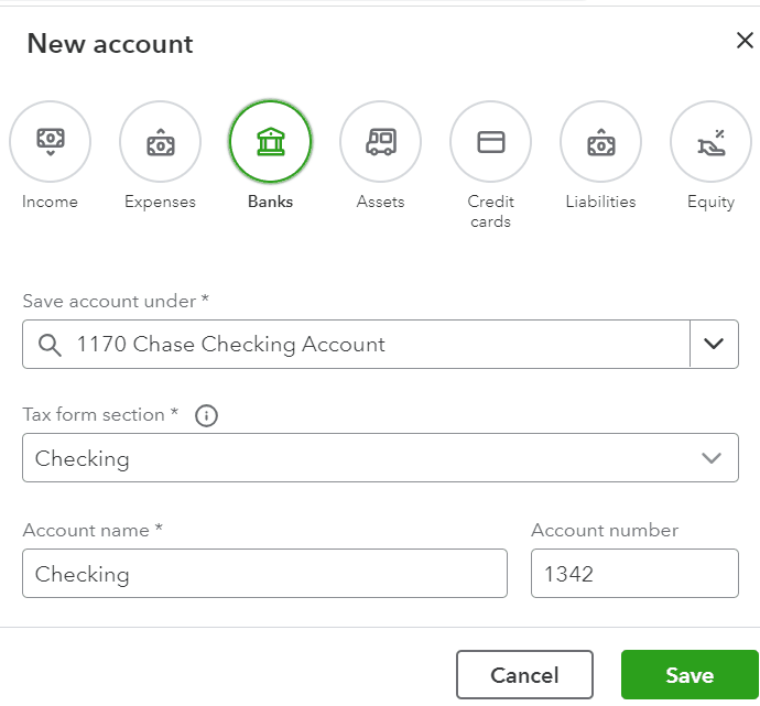 New account setup form in QuickBooks, designed with new features such as account types on top.