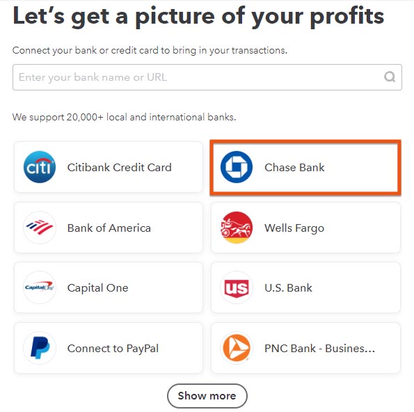 Screen where you can select the bank account to connect to QuickBooks.