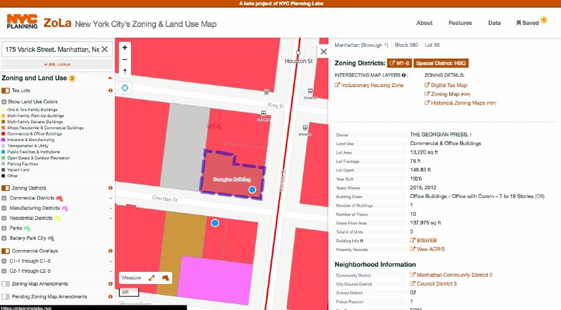 Screenshot of New York City's Zoning and Land Use Map Report for a Building