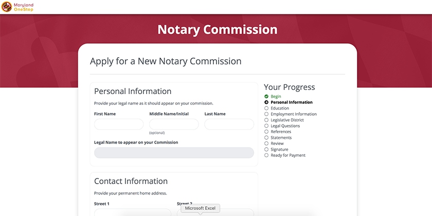 Maryland online notary commission application.