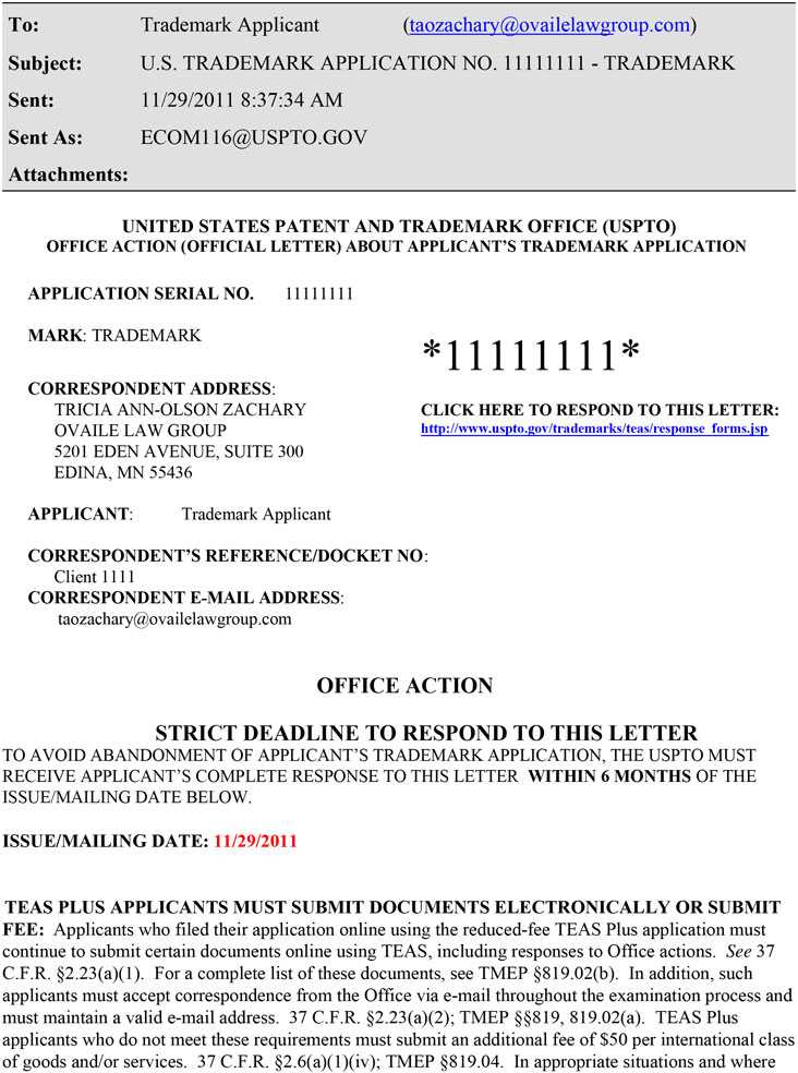 Screenshot of Trademark Applicant Email