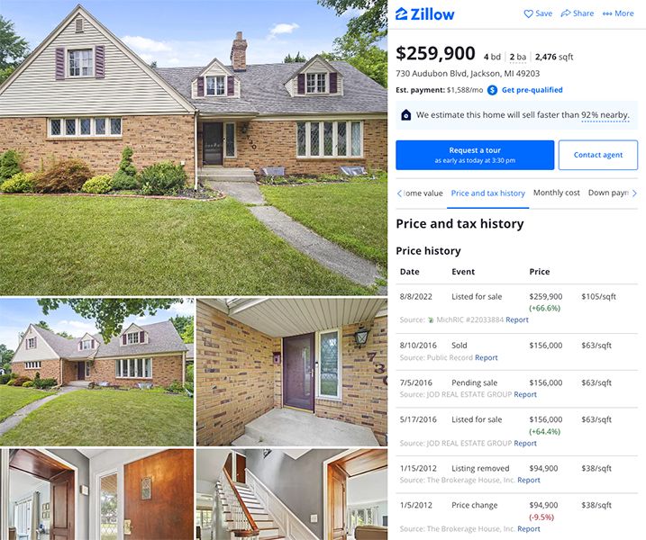 Zillow房产挂牌价格和纳税历史。