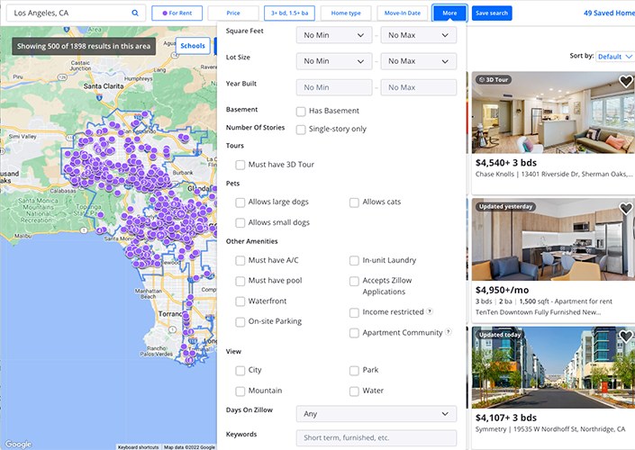 Zillow出租房产搜索过滤器。