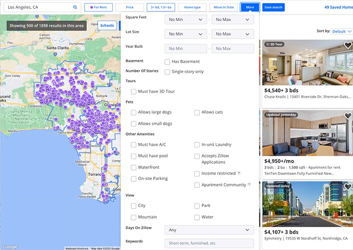 Zillow rental property search filters.
