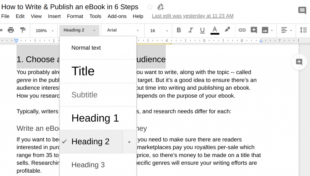 Google headers helps you format a table of contents for Kindle format ebook