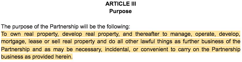 Screenshot of Partnership Agreement Article III Partnership Purpose