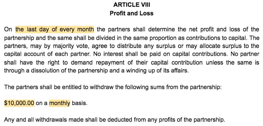 Screenshot of Partnership Agreement Article VIII Profit and Loss