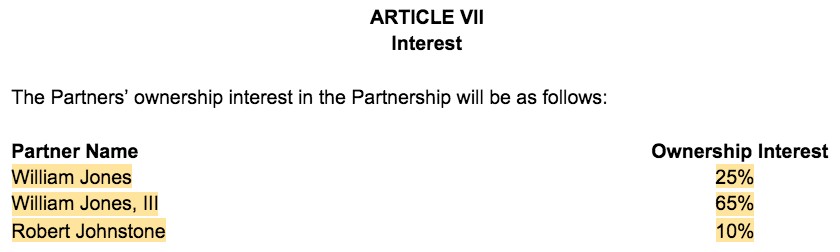 Screenshot of Partnership Agreement Article VII Interest