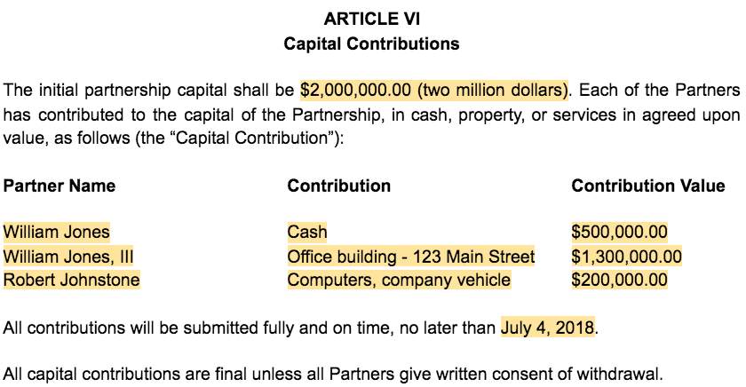 Screenshot of Partnership Agreement Article VI Capital Contributions