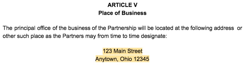 Screenshot of Partnership Agreement Article V Place of Business