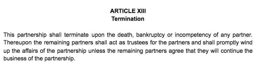 Screenshot of Partnership Agreement Article XIII Termination