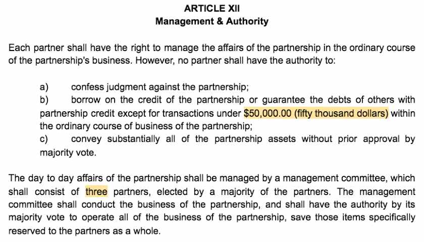 Screenshot of Partnership Agreement Article XII Management and Authority