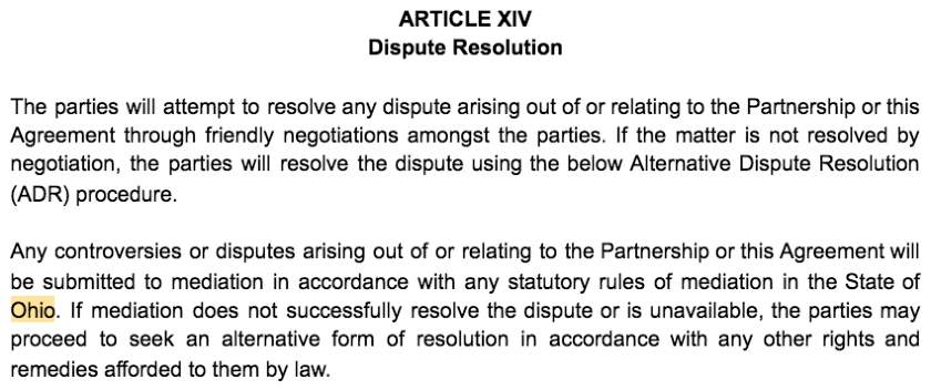 Screenshot of Partnership Agreement Article XIV Dispute Resolution