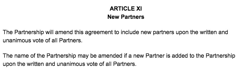 Screenshot of Partnership Agreement Article XI New Partners