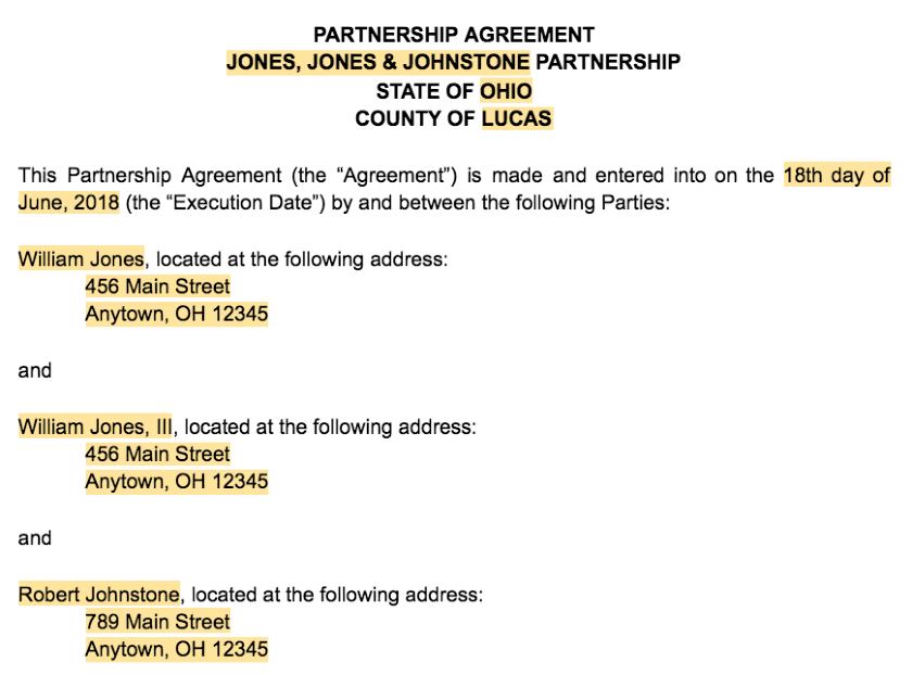Screenshot of Partnership Agreement Introductory Information