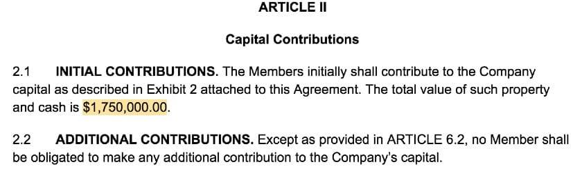 截图of LLC Operating Agreement Template Article II