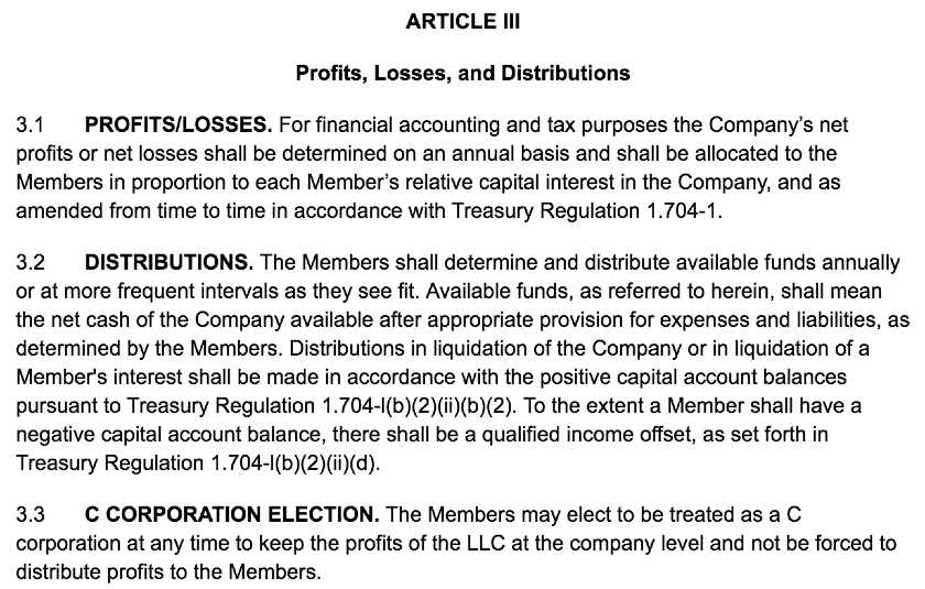 截图of LLC Operating Agreement Template Article III