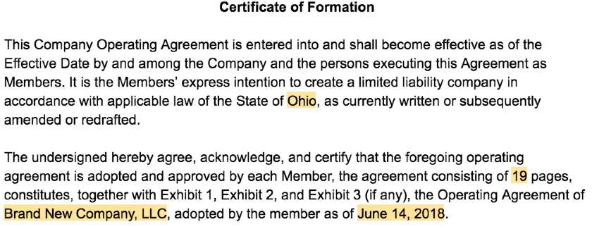 截图of LLC Operating Agreement Template Certificate of Formation