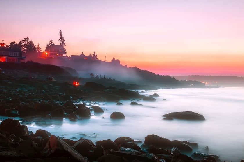 Ogunquit sunset over misty seashore in Maine