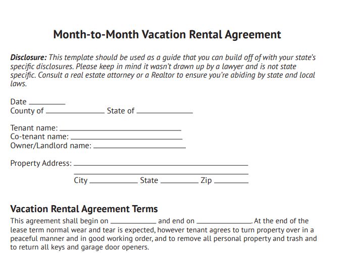Month-to-month vacation rental agreement template.