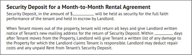 Security Deposit section for a month-to-month rental agreement.