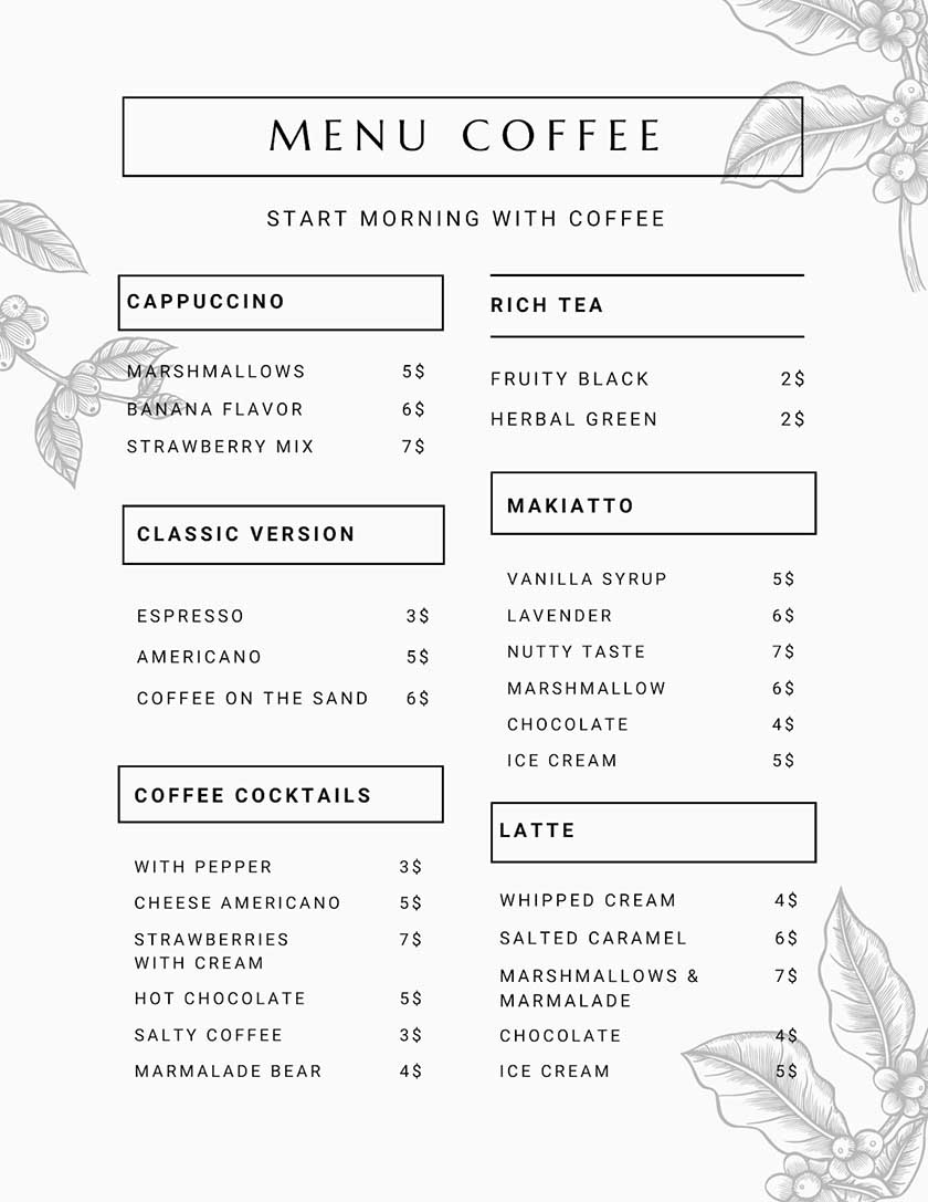 White minimalistic modern coffee food menu.