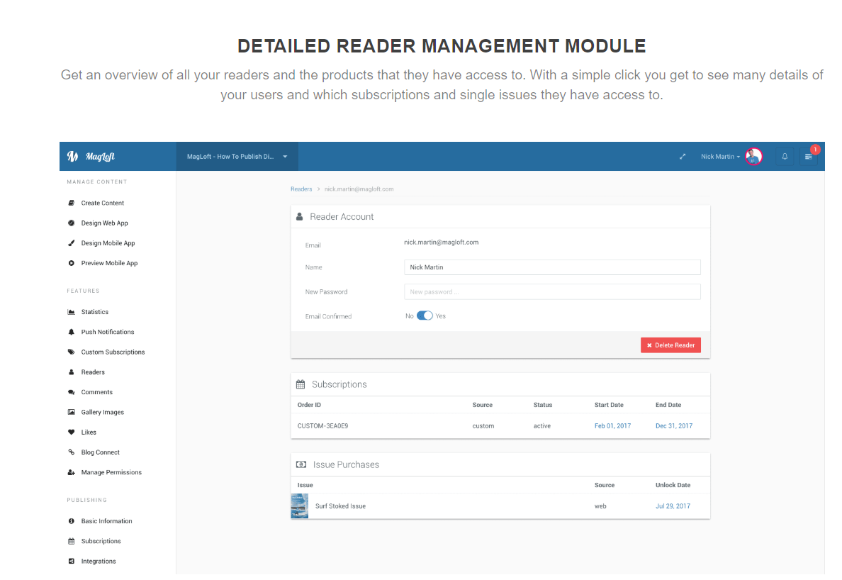 magloft reader management dashboard