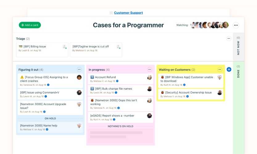 Basecamp’s card table view showing a Kanban workflow with the card headers 
